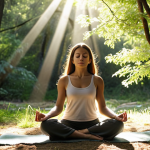 ** A serene scene depicting a woman meditating outdoors in nature, with sunlight filtering through the trees. Emphasize peace, tranquility, and connection with nature.

**