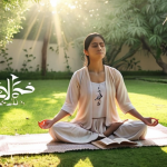 **

Prompt: "A serene morning scene. A woman is meditating in a peaceful garden, sunlight gently filtering through the trees. Soft, pastel colors. Focus on tranquility and mindfulness. Urdu script calligraphy in the background, reading 'سکون' (Sukoon - meaning peace)."

**
