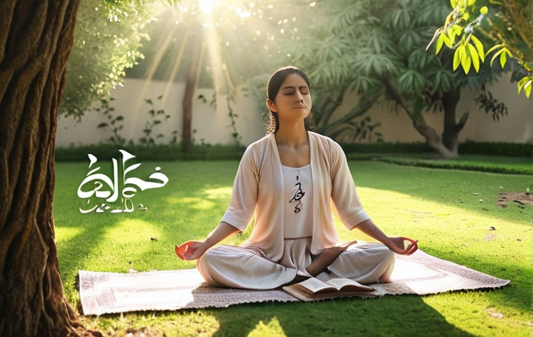 **

Prompt: "A serene morning scene. A woman is meditating in a peaceful garden, sunlight gently filtering through the trees. Soft, pastel colors. Focus on tranquility and mindfulness. Urdu script calligraphy in the background, reading 'سکون' (Sukoon - meaning peace)."

**