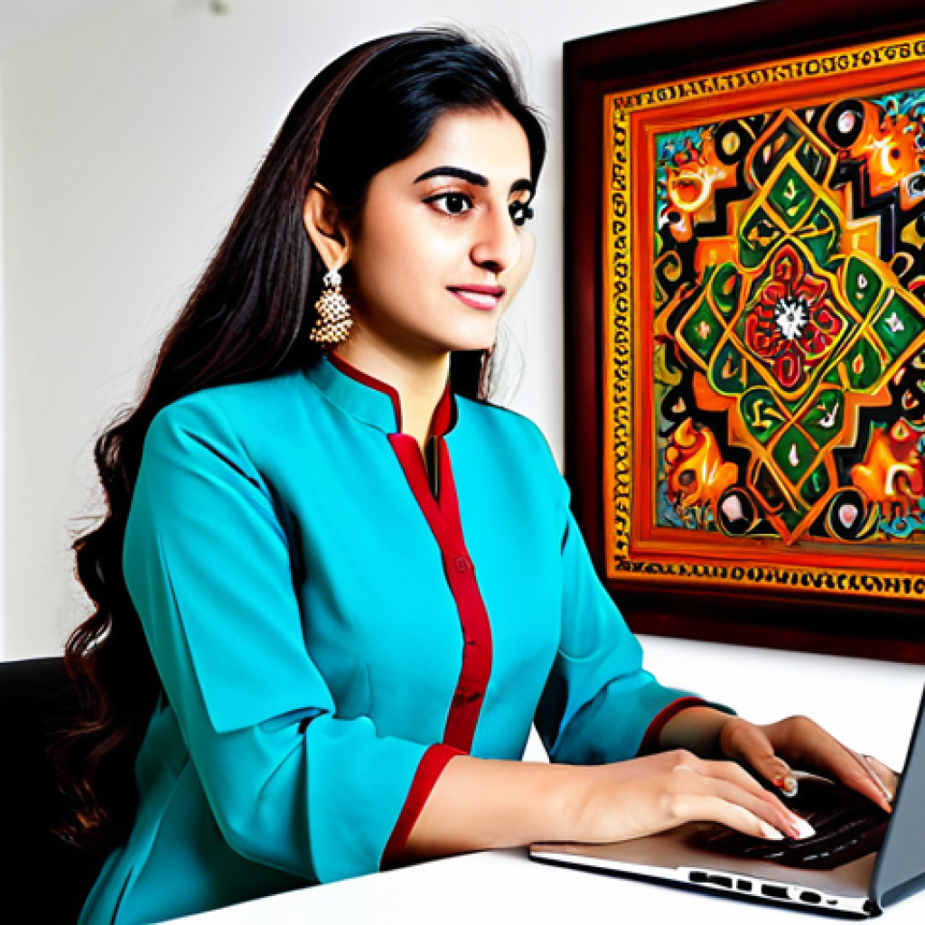 Modern Pakistani Professional**
"A Pakistani businesswoman in a vibrant, fully clothed shalwar kameez, working on a laptop in a modern office with traditional Pakistani art on the walls, professional lighting, safe for work, appropriate content, modest attire, perfect anatomy, natural proportions, high resolution"
**