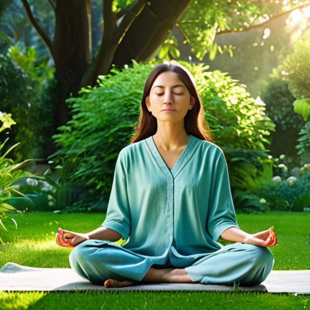 자기 돌봄을 위한 전통적인 방법과 현대적 접근 - **Serene Meditation Scene:** "A person in modest clothing meditating peacefully in a lush green gard...