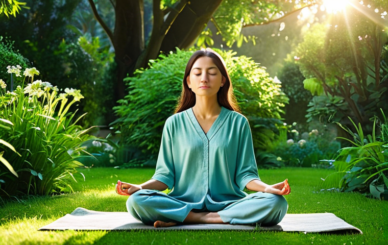 자기 돌봄을 위한 전통적인 방법과 현대적 접근 - **Serene Meditation Scene:** "A person in modest clothing meditating peacefully in a lush green gard...