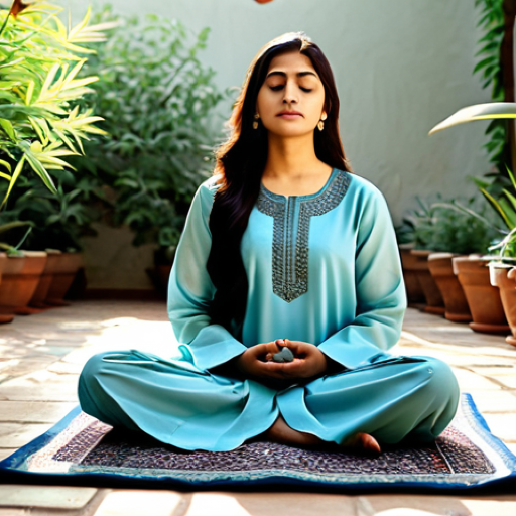 자기 돌봄을 위한 명상 방법 소개 - Serene Morning Meditation**
"A peaceful Pakistani woman, fully clothed in modest shalwar kameez, me...