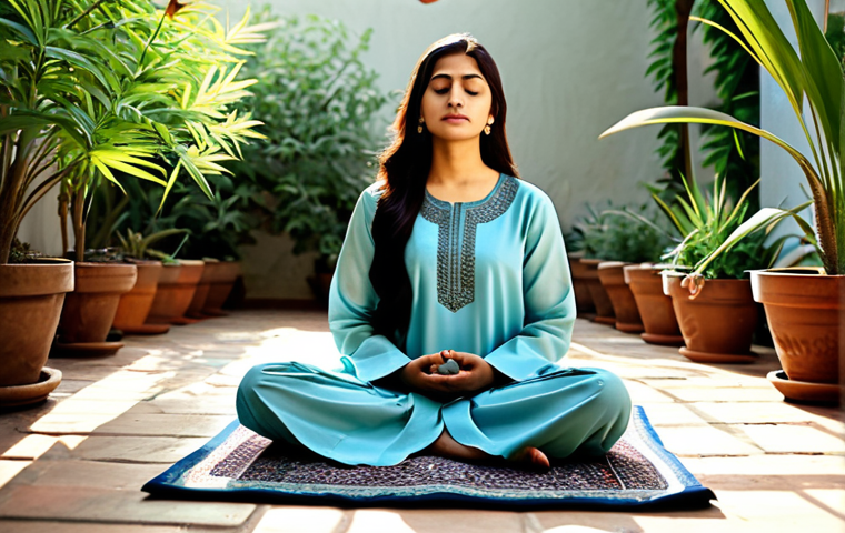 자기 돌봄을 위한 명상 방법 소개 - Serene Morning Meditation**
"A peaceful Pakistani woman, fully clothed in modest shalwar kameez, me...