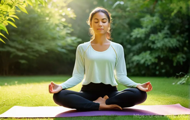 정신 건강을 위한 자기 돌봄 기법 - **Prompt: Serene Morning Meditation in Nature**
"A young woman in her late teens or early twenti...