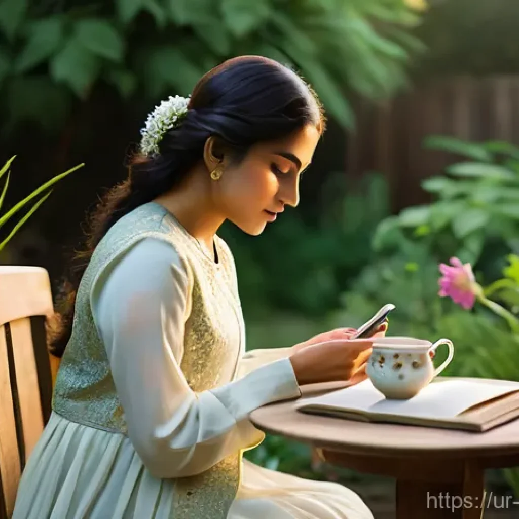 자기 돌봄을 위한 자원 목록 작성하기 - **Prompt: Tranquil Evening Garden Retreat**
A young South Asian woman, in her late 20s, is peace...