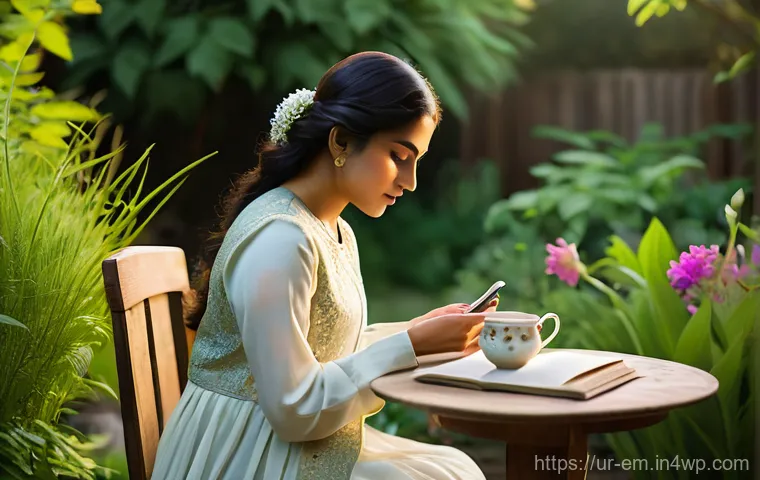 자기 돌봄을 위한 자원 목록 작성하기 - **Prompt: Tranquil Evening Garden Retreat**
A young South Asian woman, in her late 20s, is peace...