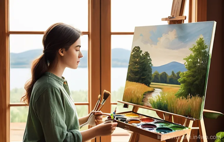 자기 돌봄을 위한 즐거운 취미 찾기 - **Prompt 1: Serene Moment of Artistic Expression**
"A young woman in her late twenties, with a w...