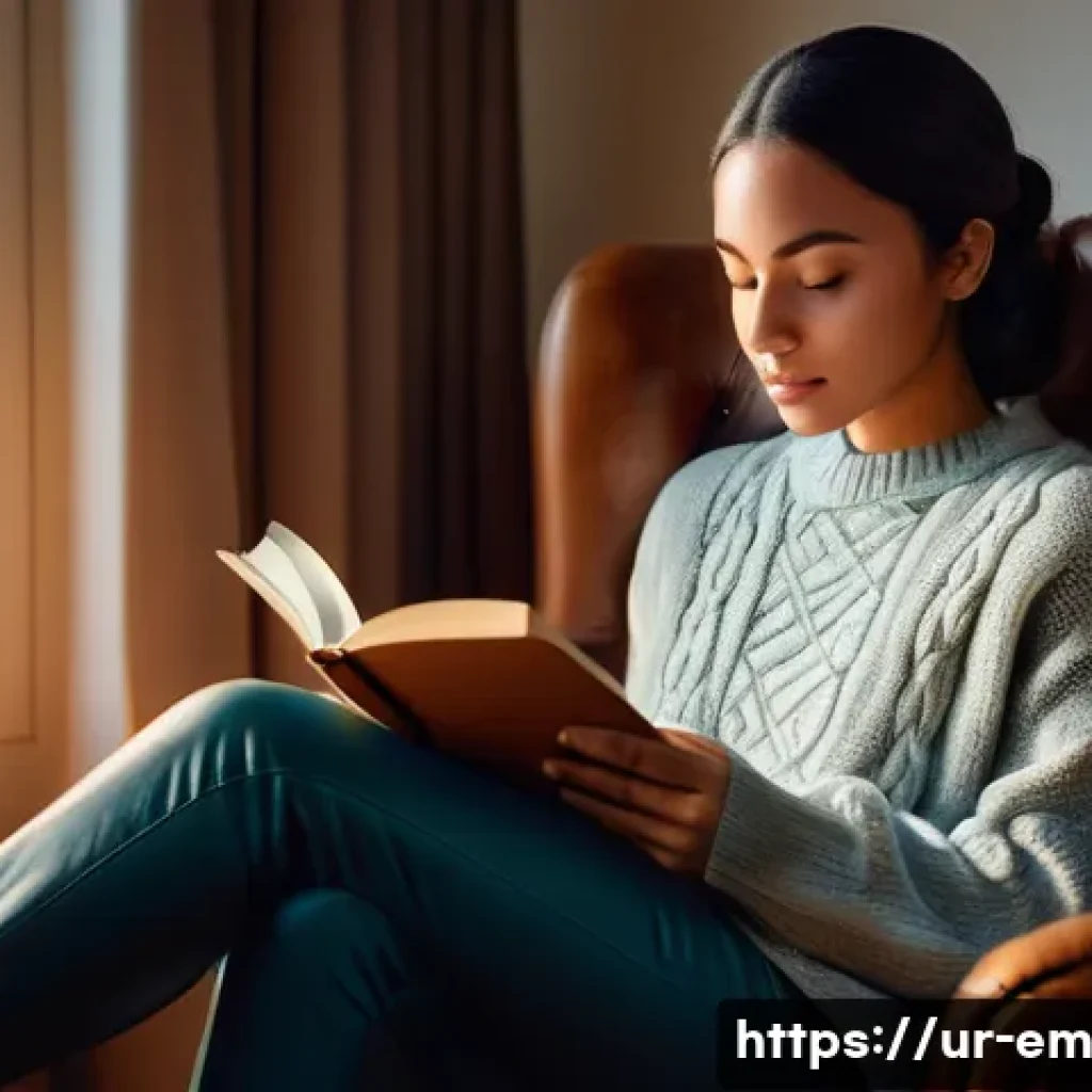 자기 돌봄을 위한 지속적인 피드백 받기 - A serene and thoughtful woman in her late 20s sits comfortably on a plush armchair by a large window...