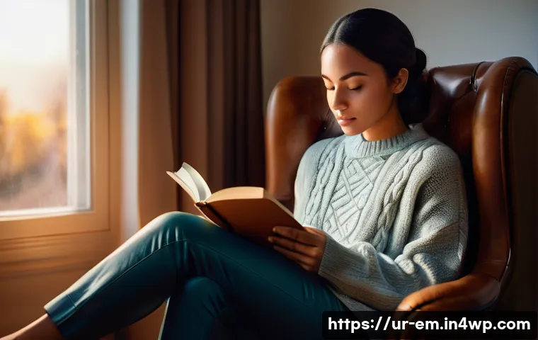 자기 돌봄을 위한 지속적인 피드백 받기 - A serene and thoughtful woman in her late 20s sits comfortably on a plush armchair by a large window...