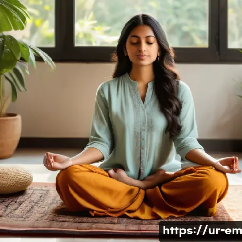 자기 돌봄의 심리적 장점 - A serene scene of a young South Asian woman sitting cross-legged on a traditional patterned rug in a...