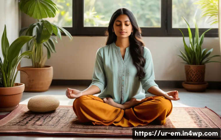 자기 돌봄의 심리적 장점 - A serene scene of a young South Asian woman sitting cross-legged on a traditional patterned rug in a...