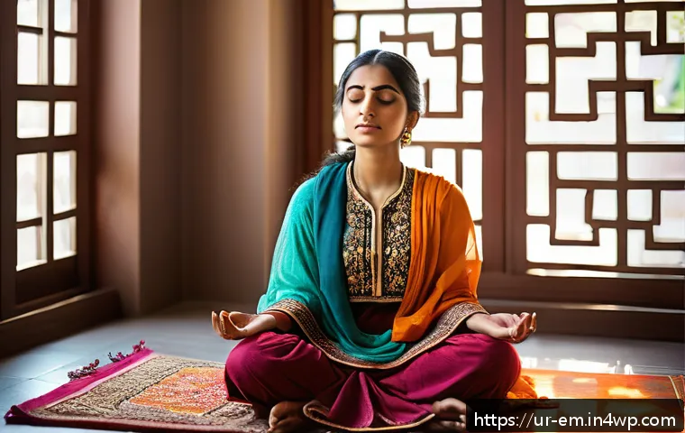 자기 돌봄과 자존감의 관계 - A serene scene depicting a young South Asian woman practicing meditation in a peaceful indoor settin...