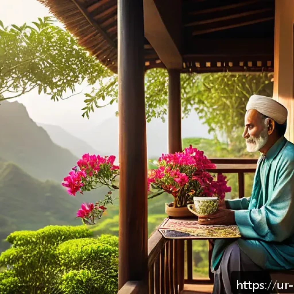 자기 돌봄과 인간관계의 중요성 - A serene morning scene in a traditional South Asian home setting, featuring a middle-aged man peacef...