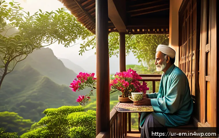 자기 돌봄과 인간관계의 중요성 - A serene morning scene in a traditional South Asian home setting, featuring a middle-aged man peacef...