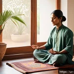 Home 21 자기 돌봄과 마음챙김의 접목 - A serene early morning scene in a traditional South Asian bedroom with soft natural light filtering ...