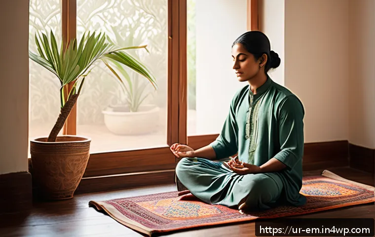 자기 돌봄과 마음챙김의 접목 - A serene early morning scene in a traditional South Asian bedroom with soft natural light filtering ...