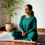 Home 20 자기 돌봄을 위한 자아 인식 훈련 - A serene scene of a young South Asian woman sitting cross-legged on a traditional patterned rug insi...
