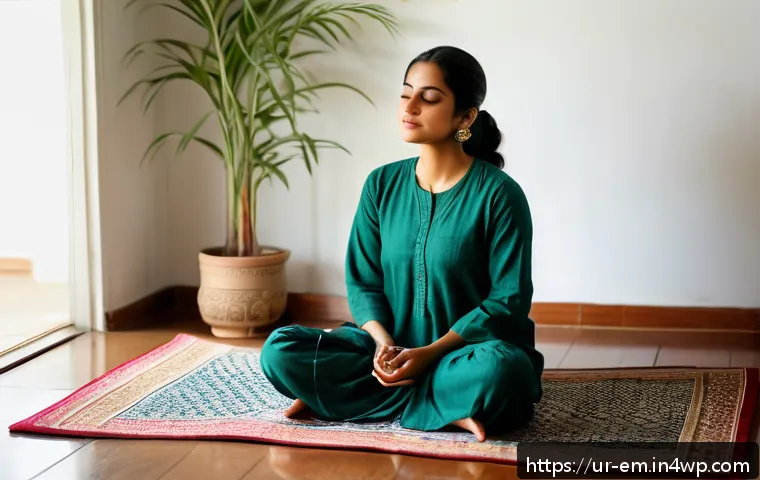 자기 돌봄을 위한 자아 인식 훈련 - A serene scene of a young South Asian woman sitting cross-legged on a traditional patterned rug insi...