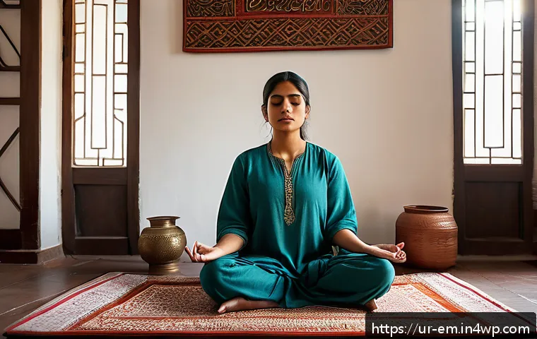 자기 돌봄과 사회적 고립 예방 - A serene morning scene of a young South Asian woman practicing meditation in a traditional Pakistani...