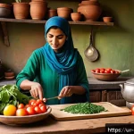 Home 18 자기 돌봄을 위한 식습관 개선 전략 - A vibrant and colorful traditional South Asian kitchen scene showing a middle-aged Urdu-speaking wom...