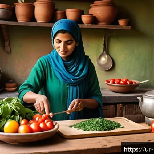 Home 30 자기 돌봄을 위한 식습관 개선 전략 - A vibrant and colorful traditional South Asian kitchen scene showing a middle-aged Urdu-speaking wom...