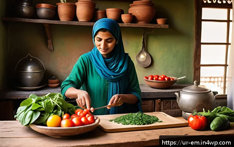 자기 돌봄을 위한 식습관 개선 전략 - A vibrant and colorful traditional South Asian kitchen scene showing a middle-aged Urdu-speaking wom...