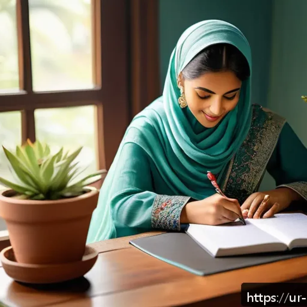 정신적 자기 돌봄을 위한 자신감 키우기 - A serene home office scene featuring a young South Asian woman in modest, traditional attire sitting...