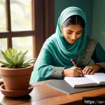 Home 23 정신적 자기 돌봄을 위한 자신감 키우기 - A serene home office scene featuring a young South Asian woman in modest, traditional attire sitting...