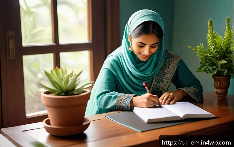 정신적 자기 돌봄을 위한 자신감 키우기 - A serene home office scene featuring a young South Asian woman in modest, traditional attire sitting...