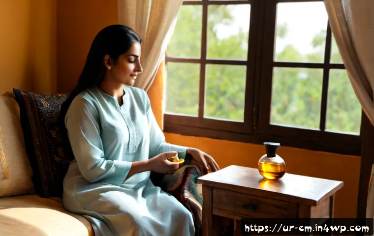 Home 17 자기 돌봄을 위한 아로마테라피 활용법 - Photorealistic self-care aromatherapy scene in a serene Pakistani home, a modest adult woman in eleg...