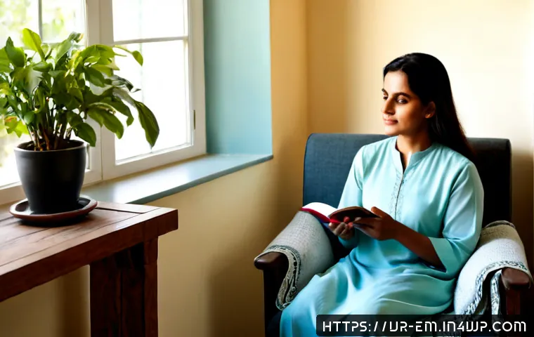 Home 17 자기 돌봄을 위한 긍정적인 환경 조성하기 - Photorealistic peaceful self-care corner in a Pakistani home, a middle-aged Urdu-speaking woman in m...